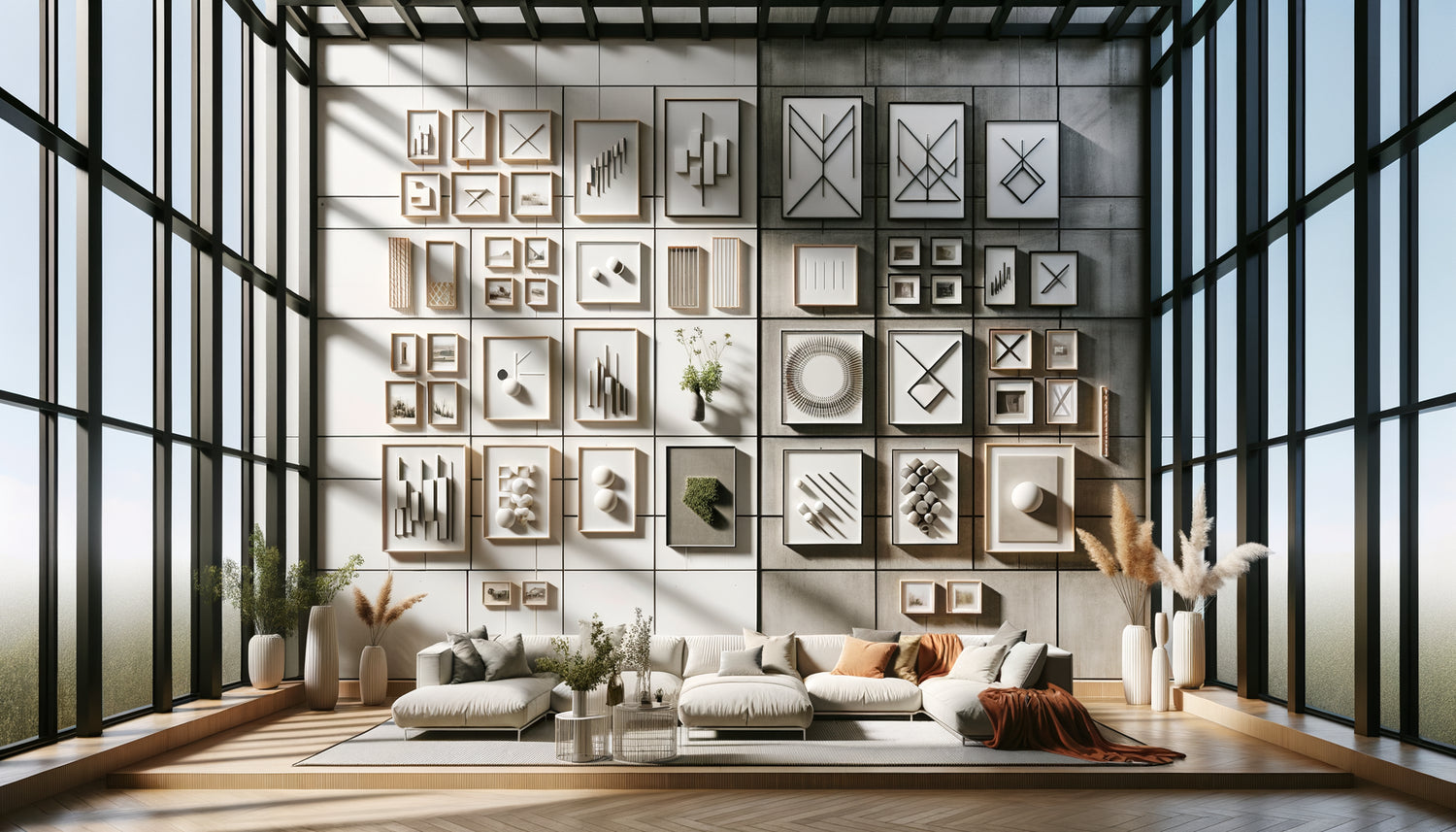 Comparaison visuelle entre accrochage en grille géométrique et composition murale libre organique dans un intérieur contemporain