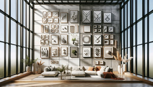 Comparaison visuelle entre accrochage en grille géométrique et composition murale libre organique dans un intérieur contemporain