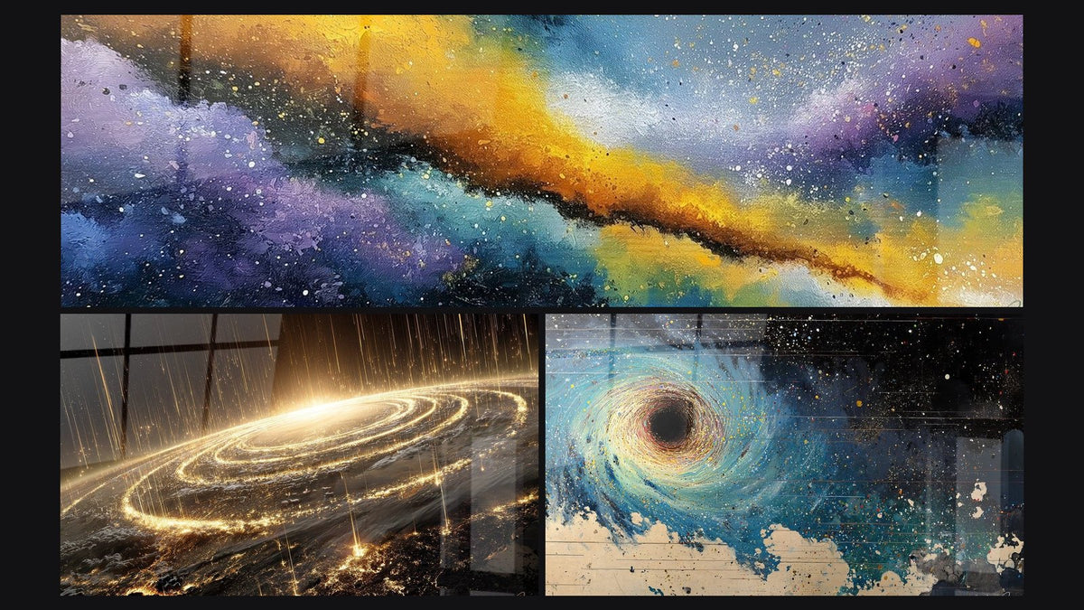 Mosaico de tres cuadros, entre ellos Galaxia espiral cósmica y Agujero negro cósmico