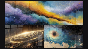 Mosaïque de trois tableaux, dont Galaxie spirale cosmique et Trou noir cosmique