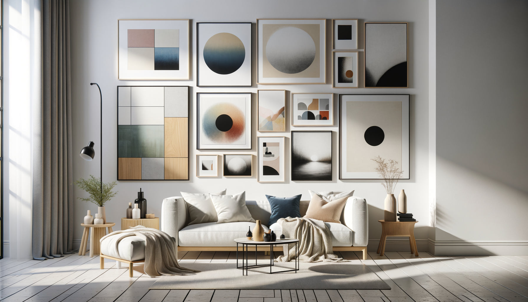 Composition murale rythmique avec tableaux de tailles variées créant une dynamique visuelle harmonieuse sur mur blanc