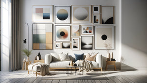 Composition murale rythmique avec tableaux de tailles variées créant une dynamique visuelle harmonieuse sur mur blanc