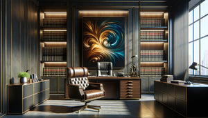 Bureau d'avocat contemporain montrant tableau composition centrée versus décentrée, démonstration principes design professionnel