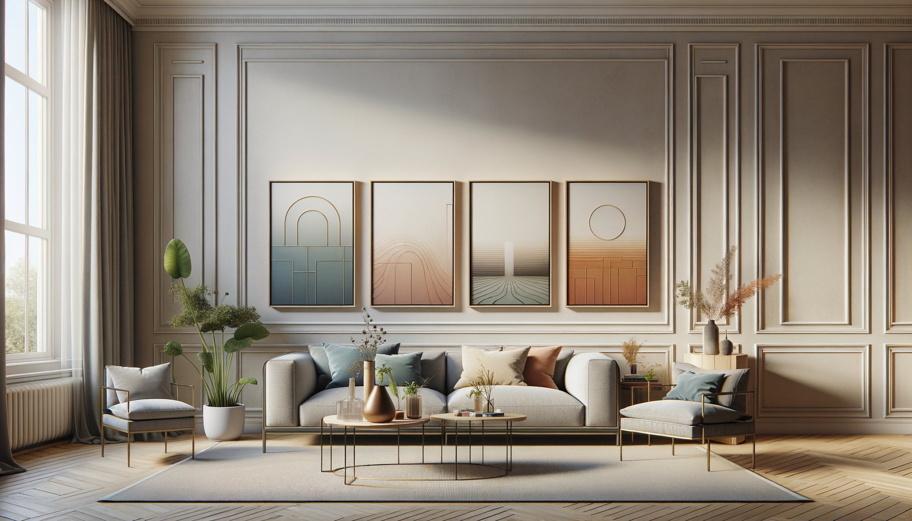 Composition murale harmonieuse avec trois tableaux créant un parcours visuel fluide par dialogues chromatiques et ancrages stratégiques