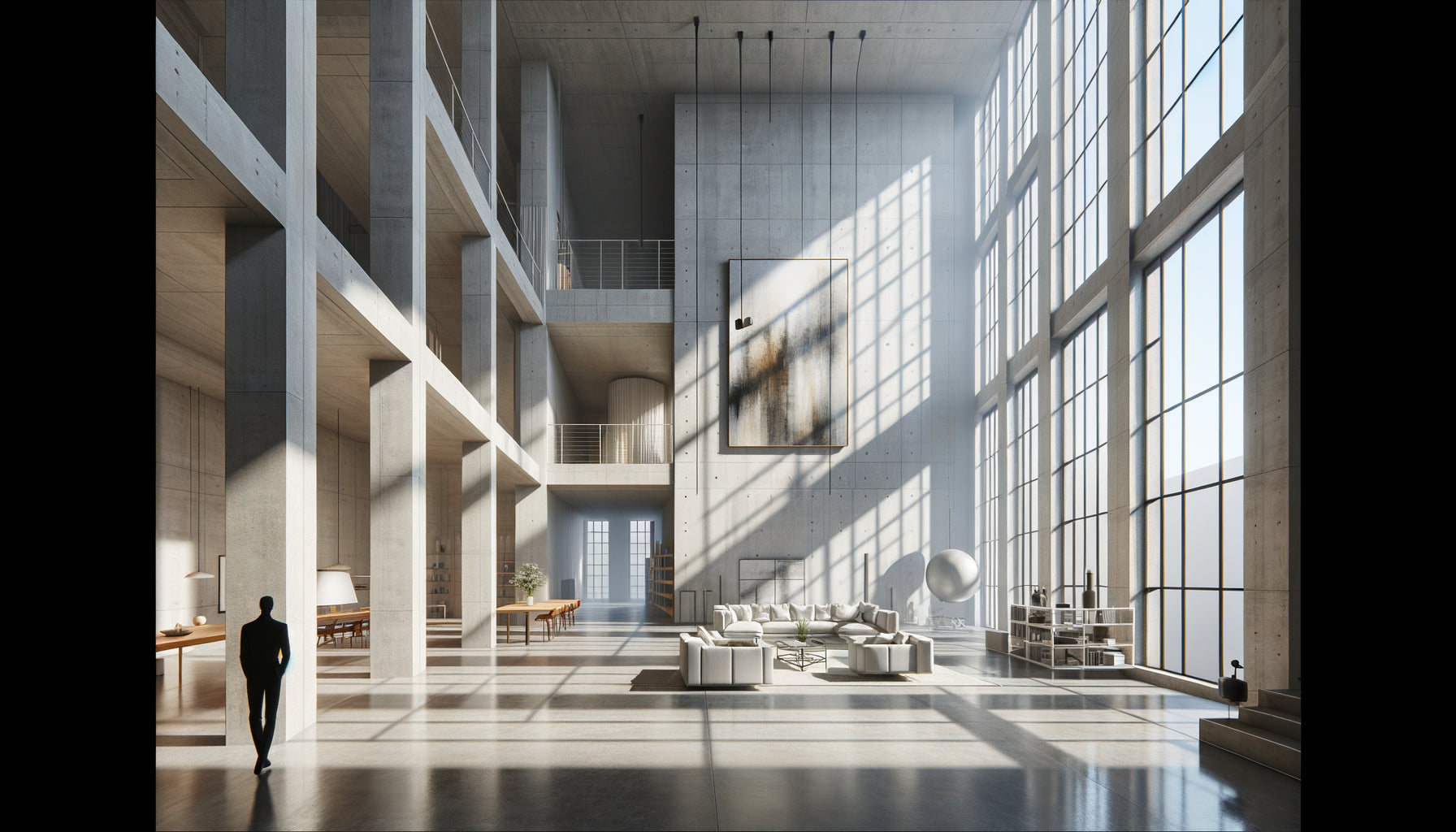 Grand espace intérieur contemporain démontrant les principes de composition visuelle avec tableaux muraux monumentaux