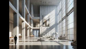 Grand espace intérieur contemporain démontrant les principes de composition visuelle avec tableaux muraux monumentaux