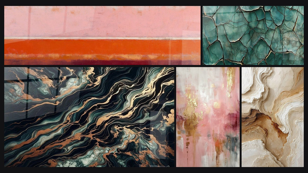 Mosaïque de cinq tableaux, dont Flux Aurifère, Terre Fracturée et Abstrait Texturé Beige et Ocre