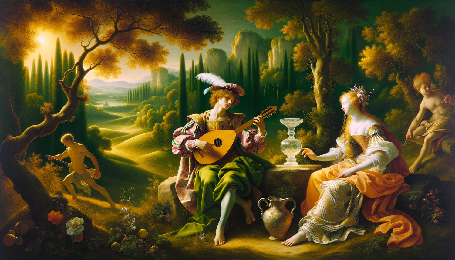 Peinture Renaissance vénitienne style Giorgione montrant hommes vêtus et femmes nues dans paysage pastoral symbolique début 16ème siècle
