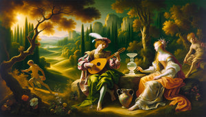 Peinture Renaissance vénitienne style Giorgione montrant hommes vêtus et femmes nues dans paysage pastoral symbolique début 16ème siècle