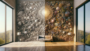 Comparaison visuelle entre tableau surchargé de détails complexes et œuvre minimaliste apaisante illustrant la confusion cognitive