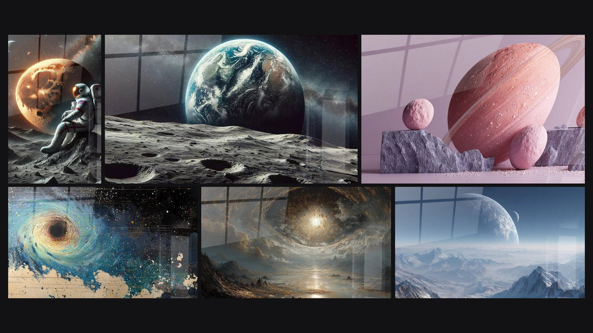 Mosaico de seis cuadros, entre ellos Explorador Solitario, Espacio N°7 y Agujero negro cósmico