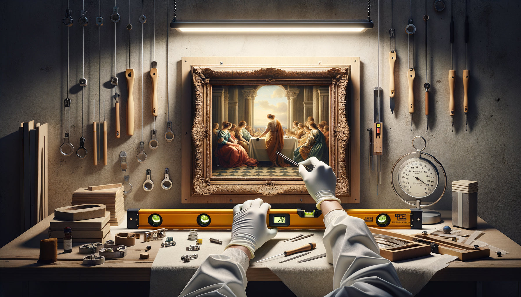 Conservation professionnelle d'œuvre d'art avec gants blancs, système d'accrochage et éclairage technique optimal