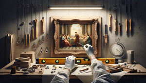 Conservation professionnelle d'œuvre d'art avec gants blancs, système d'accrochage et éclairage technique optimal