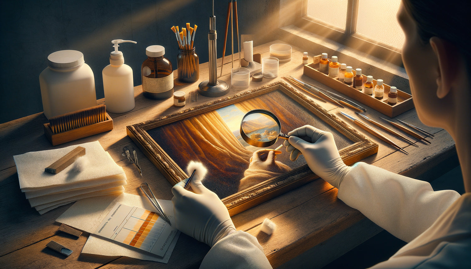 Restaurateur d'art examinant minutieusement un tableau avec loupe, gants de conservation, techniques professionnelles de préservation des œuvres