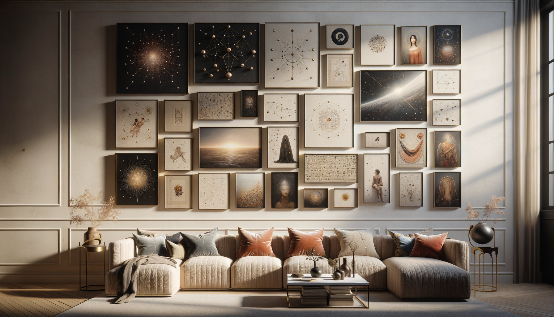Mur décoratif présentant une constellation de petites œuvres d'art soigneusement disposées créant un impact visuel cohérent