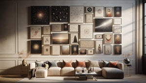 Mur décoratif présentant une constellation de petites œuvres d'art soigneusement disposées créant un impact visuel cohérent