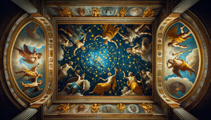 Fresque de plafond gréco-romaine antique représentant les constellations sous forme de figures mythologiques et héros classiques