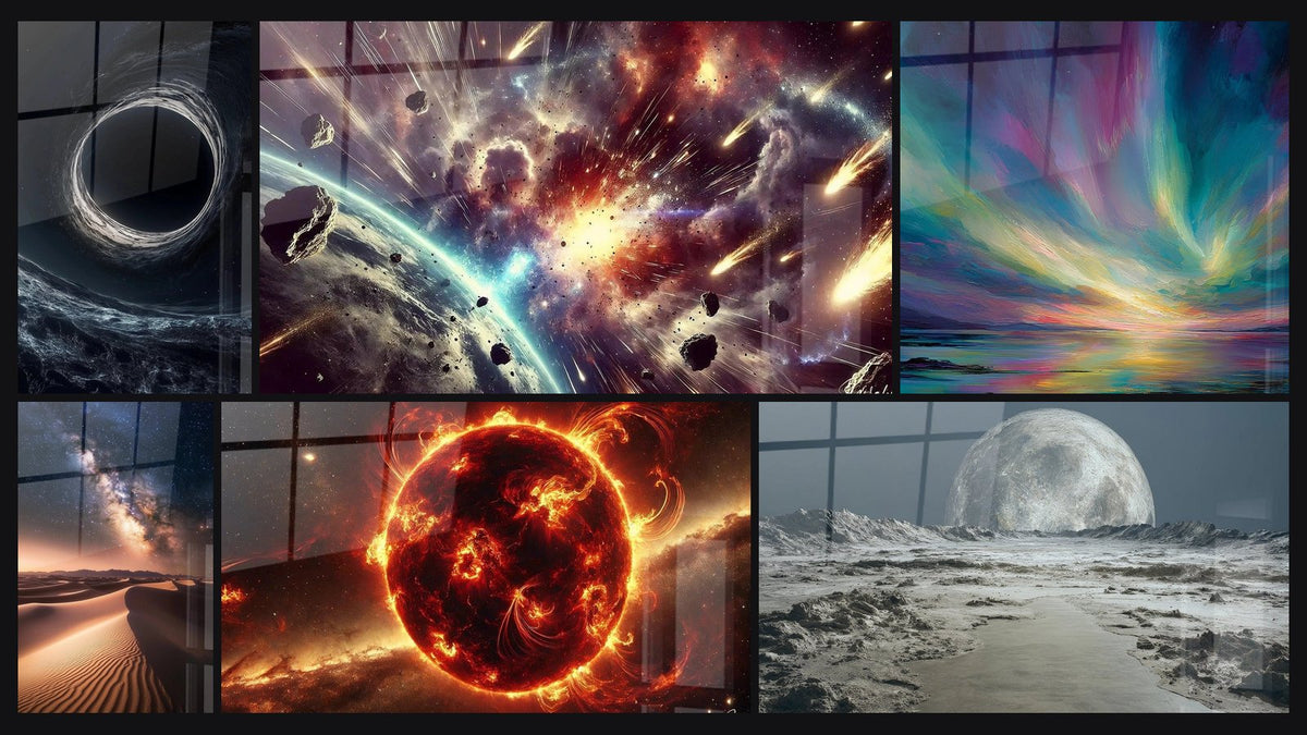 Mosaïque de six tableaux, dont Trou noir N°1, Tempête Astrale et Paysage marin