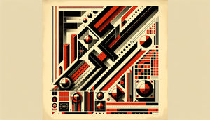 Composition typographique constructiviste et Bauhaus années 1920, formes géométriques rouges et noires, lettres sans-serif audacieuses