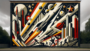 Fresque murale constructiviste soviétique de 1923 avec fusée géométrique, motifs cosmiques et typographie révolutionnaire à Moscou