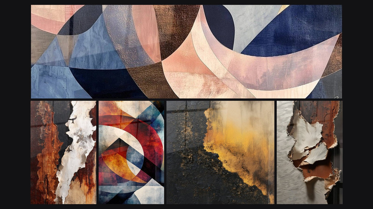 Mosaico di cinque quadri, tra cui Fusione Archi Aggraziati Terracotta e Astratto terra e bianco con colature nere