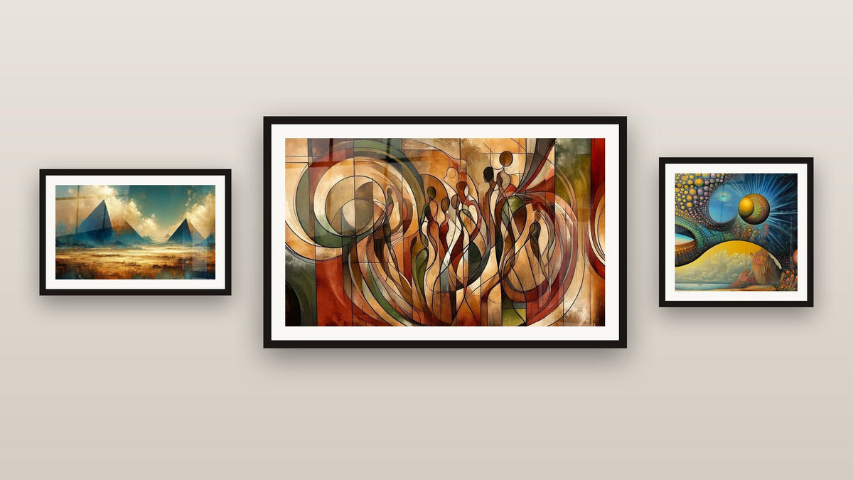Gallery wall with three framed paintings: Mystic cosmos, Silhouettes Dance and The Mysteries of the Sands