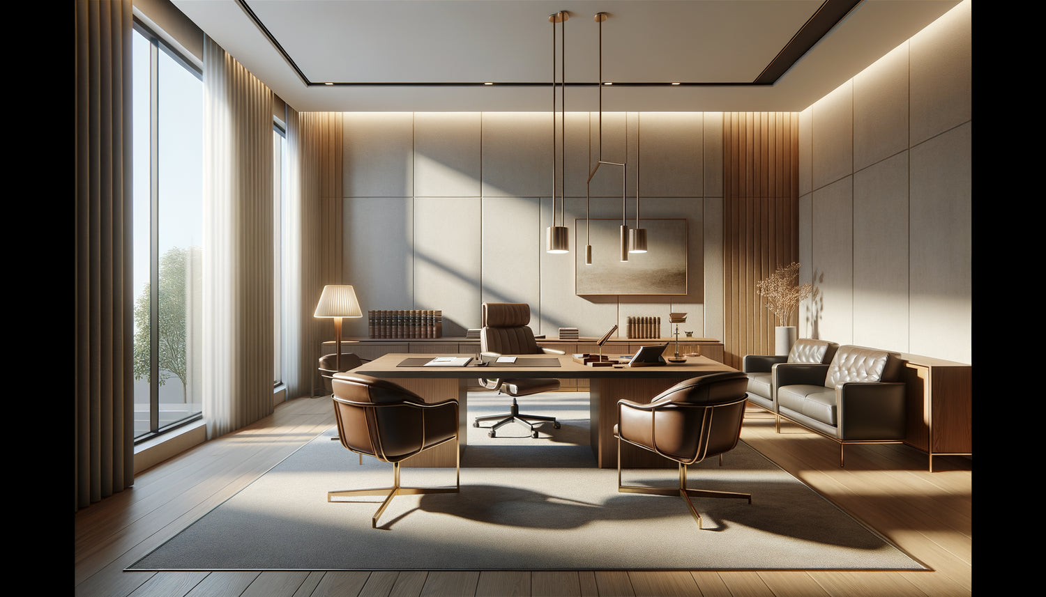Bureau de consultation juridique moderne aux tonalités neutres et apaisantes favorisant la concentration professionnelle