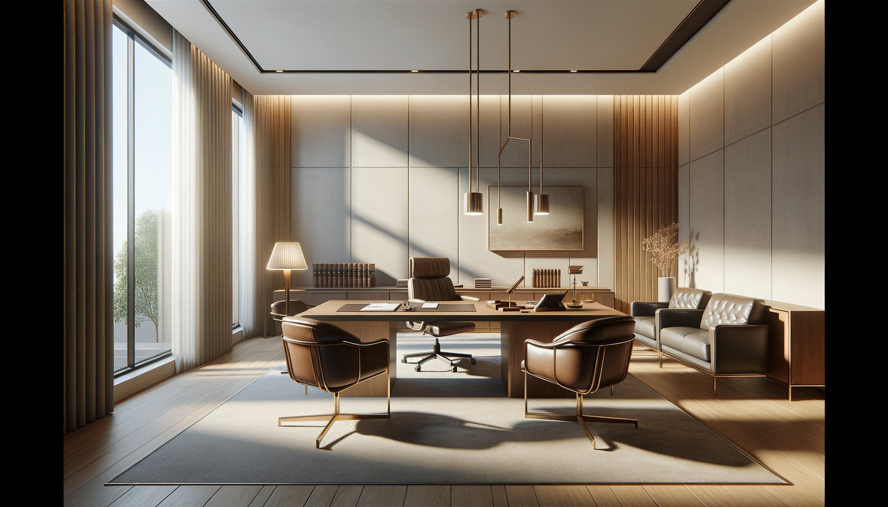 Bureau de consultation juridique moderne aux tonalités neutres et apaisantes favorisant la concentration professionnelle