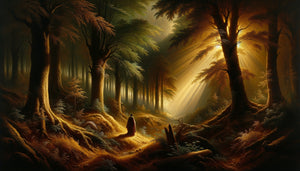Peinture romantique du 19ème siècle montrant le contraste dramatique entre sous-bois sombres et clairière ensoleillée