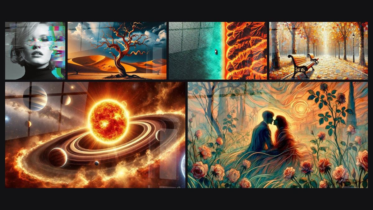 Mosaico di sei quadri, tra cui Danza dei Titani, Un Momento in Due e Ombre del Deserto