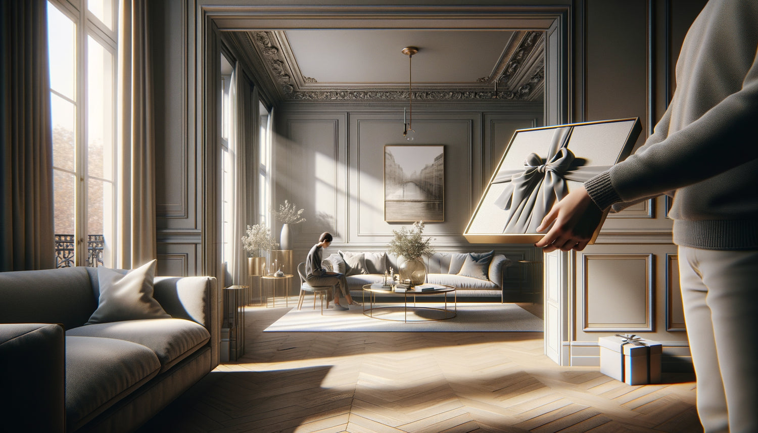 Scène élégante de don d'un tableau encadré dans un intérieur parisien contemporain, illustrant les codes sociaux du cadeau artistique