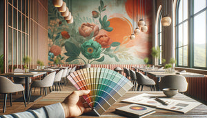 Designer coordonnant palette de couleurs entre tableau mural et charte graphique d'un restaurant moderne