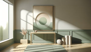 Studio wellness apaisant avec tableau abstrait coordonné subtilement à l'identité visuelle de la marque