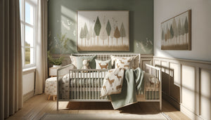 Chambre d'enfant moderne avec tableau mural et literie coordonnés aux mêmes motifs et couleurs douces