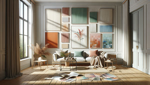 Espace de vie en cours de décoration avec tableaux révélant progressivement une palette chromatique naturelle