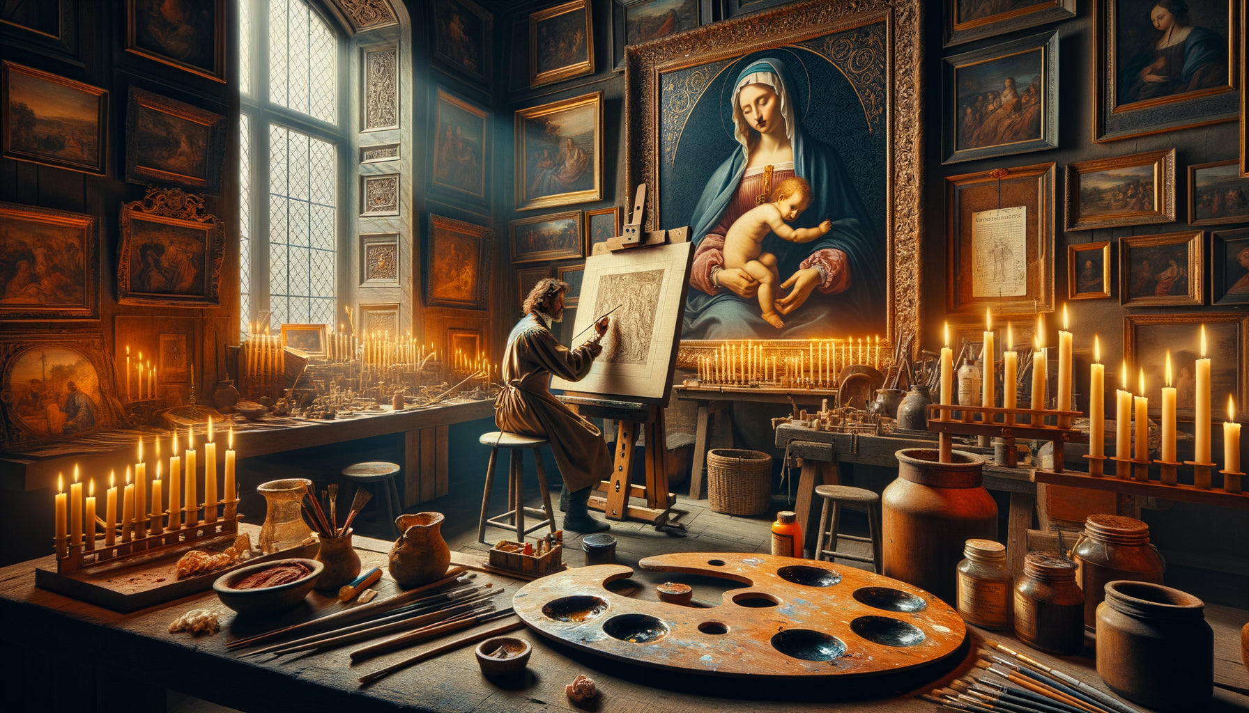 Atelier d'artiste du XVIIe siècle avec copiste reproduisant une œuvre de maître Renaissance à l'huile