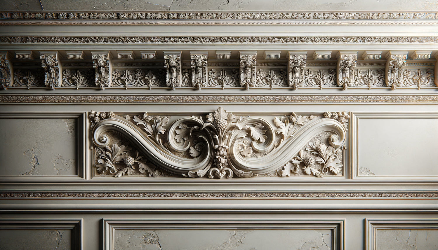 Corniche décorative classique avec frise ornementale en plâtre blanc dans hôtel particulier français du 19ème siècle