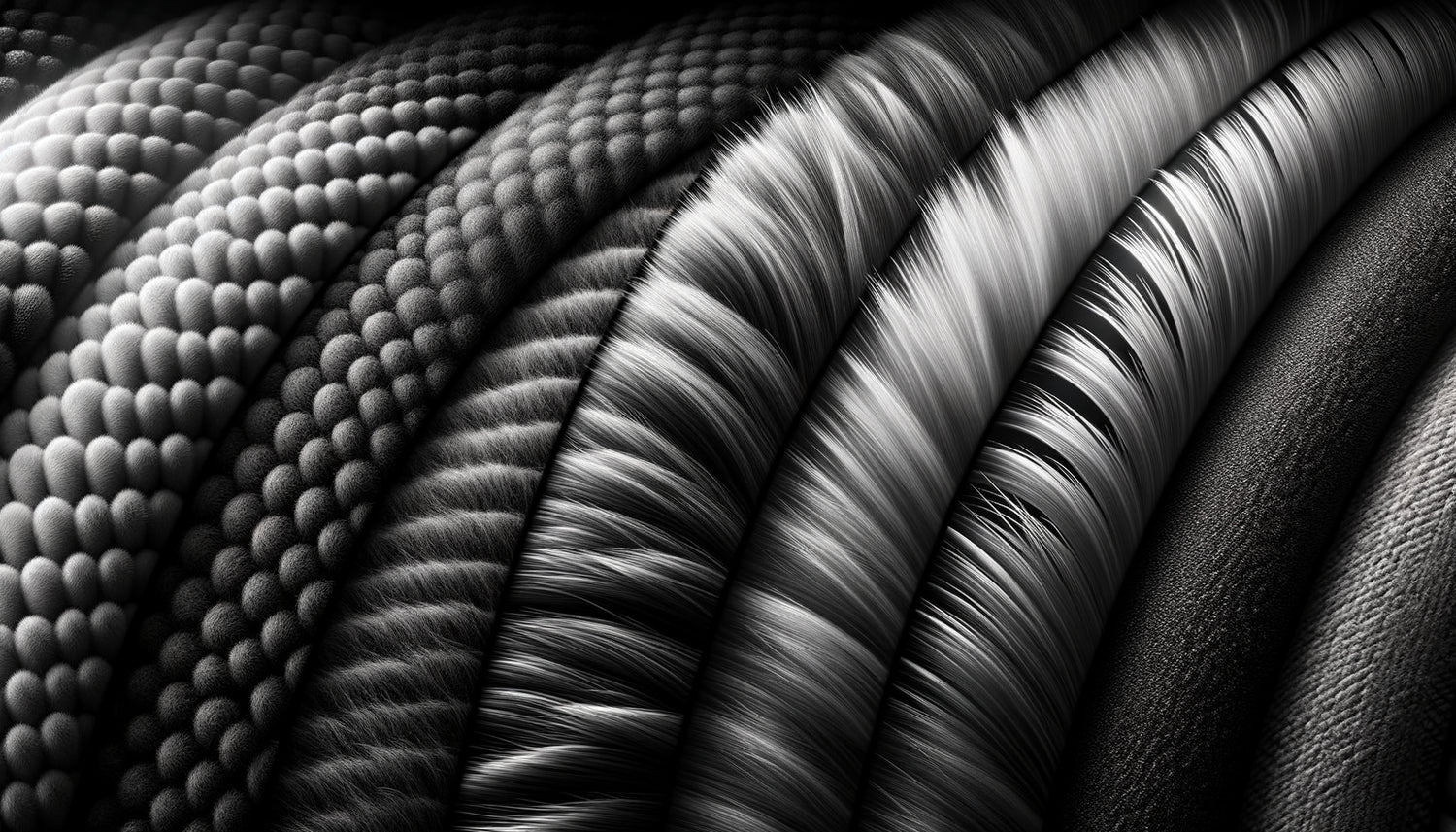 Surfaces texturées variées en noir et blanc révélant la perception tactile par variations lumineuses