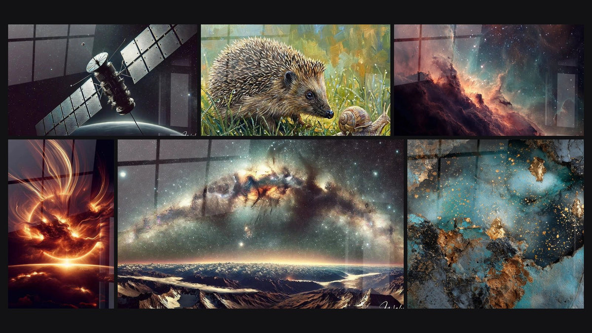 Mosaik aus sechs Gemälden, darunter Feuer-Sonne, Kosmisches Panorama-Wandbild und Abstraktes Galaxie-Bild