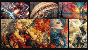 Mosaïque de six tableaux, dont Tempête Astrale, Œil de Jupiter et Femme Beauté Maudite