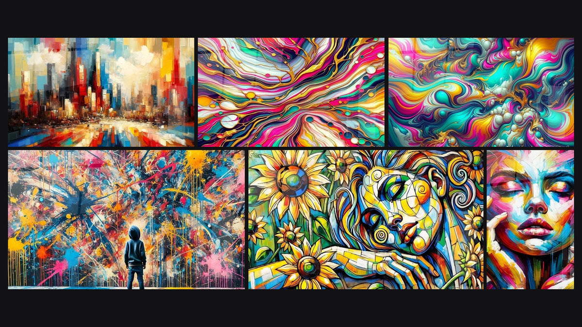 Mosaico di sei quadri, tra cui Città in Colori, Cascate Cromatiche e Schizzi di Pittura