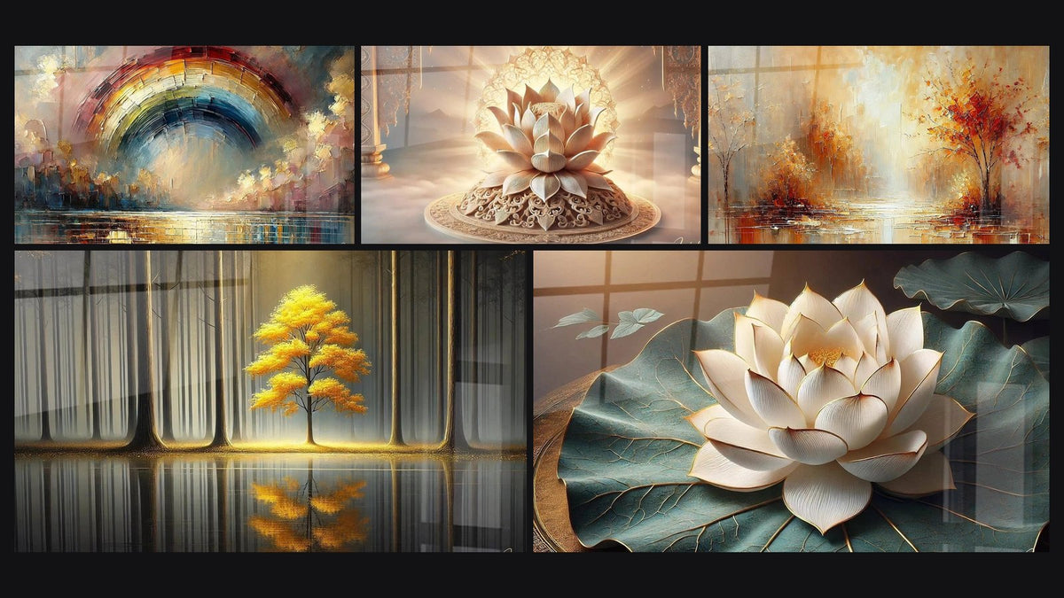 Mosaïque de cinq tableaux, dont Rêverie en Couleurs, Tranquillité Éternelle et Lotus Sacré