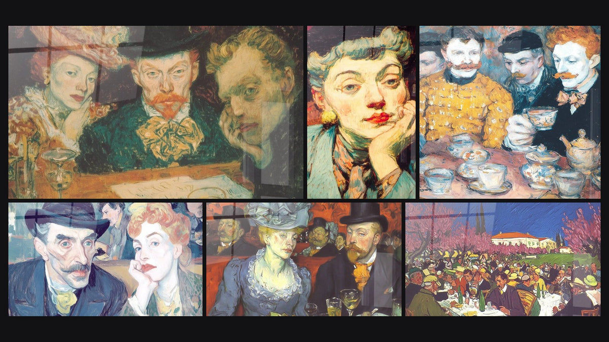 Mosaico di sei quadri, tra cui Caffè-concerto di moda parigina, Donna rosso vermiglio e Uomini caffè convivialità condivisa