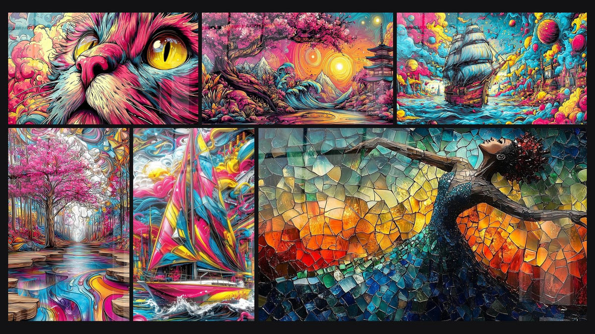Mosaik aus sechs Gemälden, darunter Katze psychedelisch, Mehrfarbiges Segelschiff-Bild und Befreiender Feuer Tanz Rot