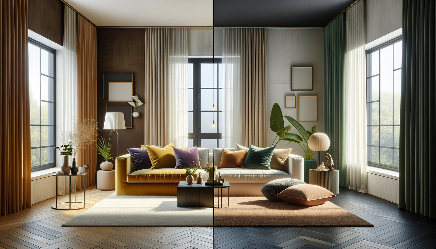 Comparaison avant-après d'un salon de location saisonnière montrant couleurs à éviter versus couleurs optimales pour maximiser réservations