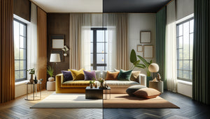 Comparaison avant-après d'un salon de location saisonnière montrant couleurs à éviter versus couleurs optimales pour maximiser réservations