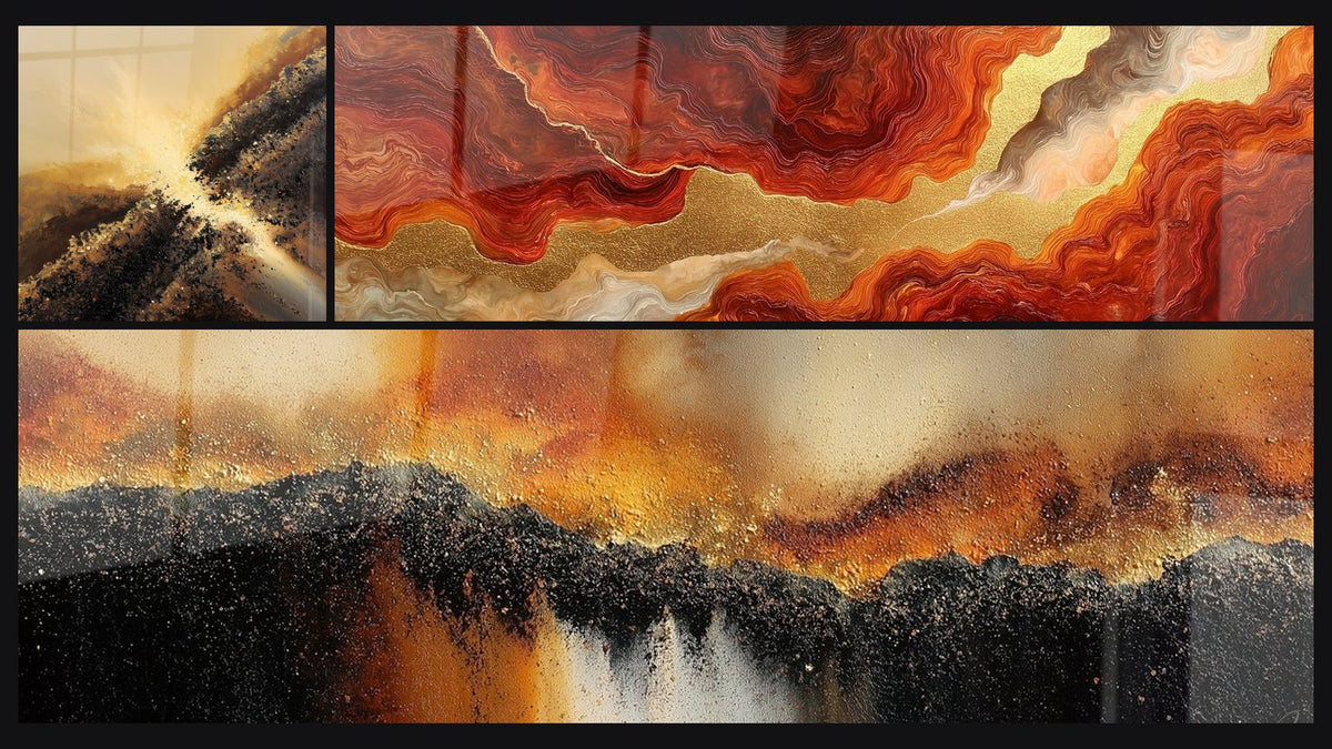 Mosaïque de trois tableaux, dont Abstrait Doré et Brun aux Éclats Lumineux et Tourbillons Dorés et Rouges