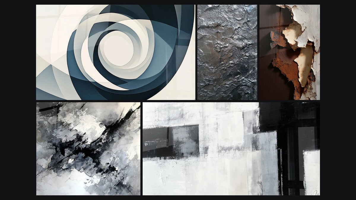Mosaïque de cinq tableaux, dont Vortex Azur et Abstrait écorces et fissures blanches ocre