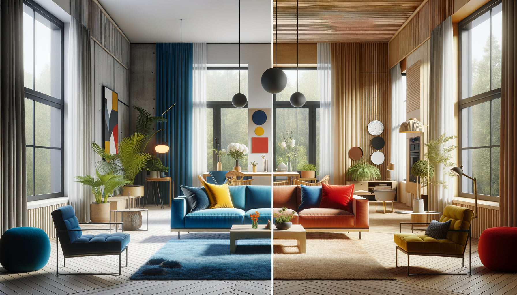 Intérieur moderne divisé montrant couleurs primaires vives versus nuances terreuses subtiles, comparaison psychologie des couleurs