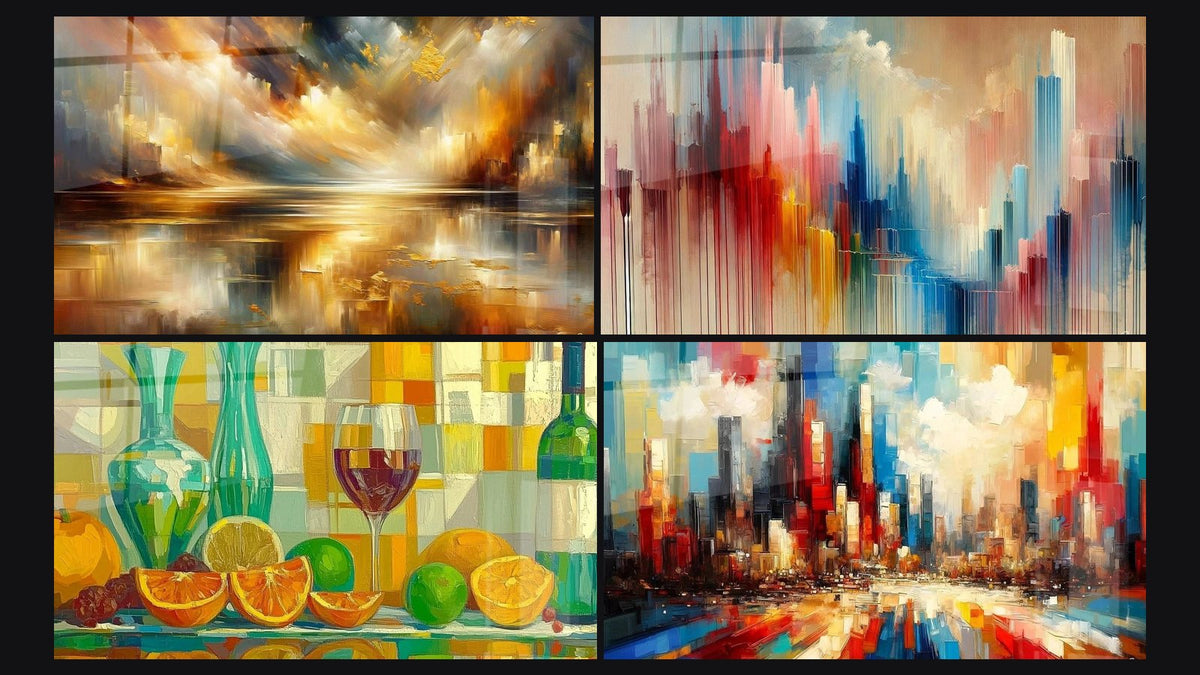 Mosaic of four paintings, including Golden Reflections City, Feast of Colors and Breath of Colors